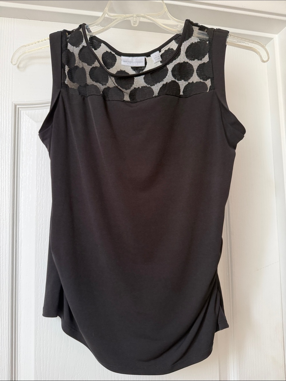 New York & Company Black Sleeveless Tank with Polka-Dot Mesh Yoke